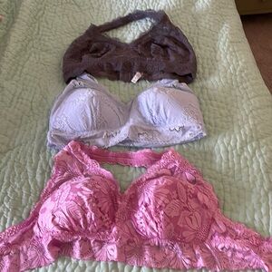 3 Aerie XXL lace bralettes gray, pink/purple, and light blue